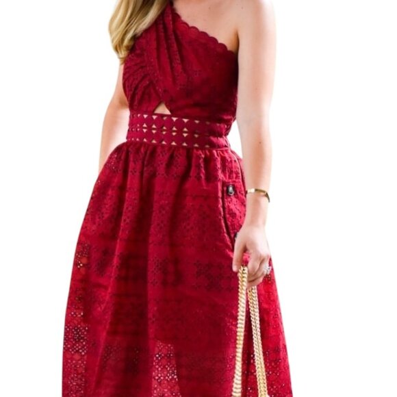 Self-Portrait One Shoulder Cranberry Red Eyelet Lace Dress A-Line Cutout Size 8 - Picture 4 of 15